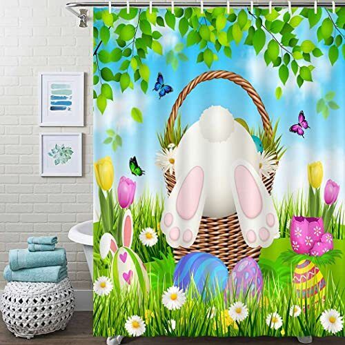 Spring Funny Bunny Bathroom Blue Sky Green Leaves Grass Scenery Shower Curtain