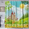 Spring Garden Castle Sunflower Shower Curtain, Butterfly Flower Bath Curtain 