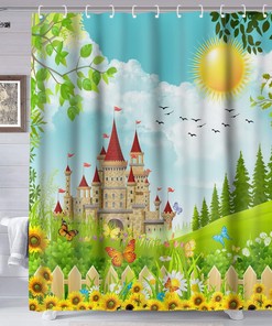 Spring Garden Castle Sunflower Shower Curtain, Butterfly Flower Bath Curtain 