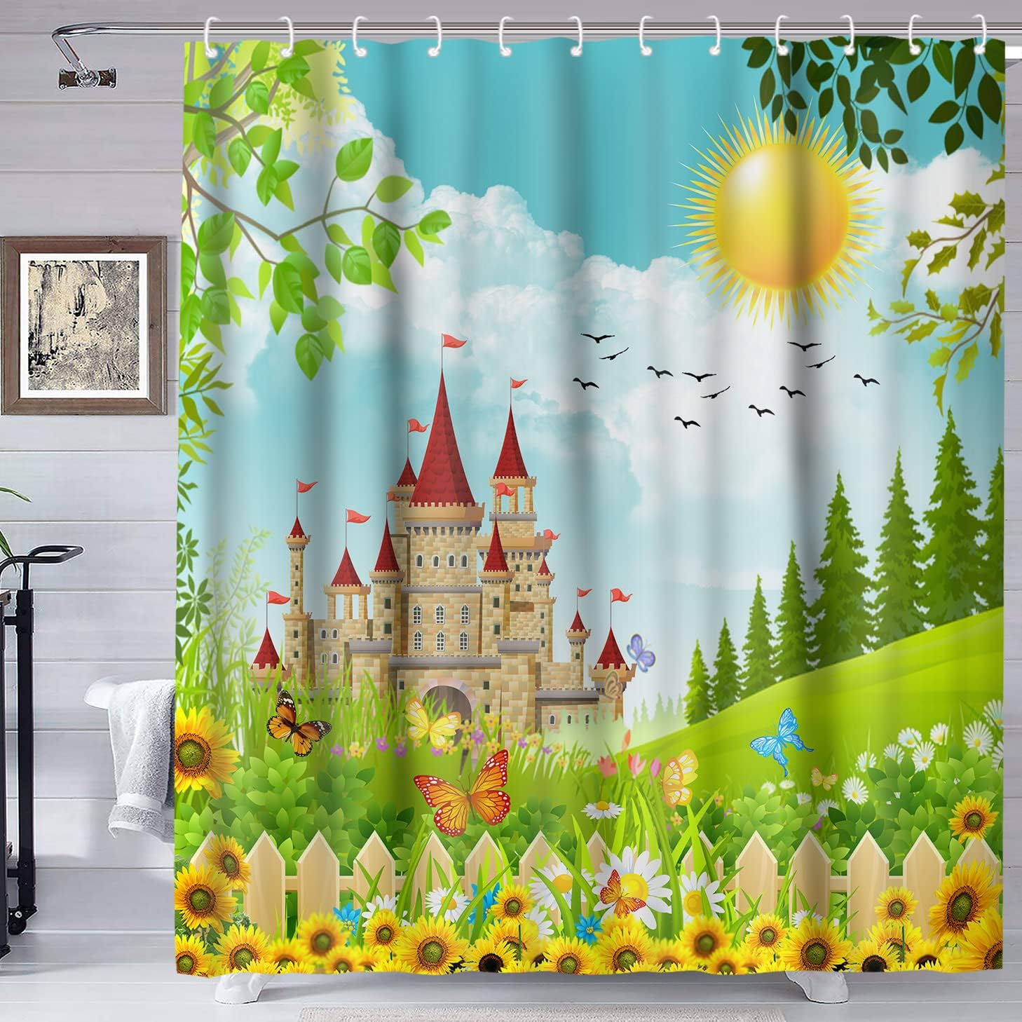 Spring Garden Castle Sunflower Shower Curtain, Butterfly Flower Bath Curtain
