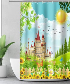 Spring Garden Castle Sunflower Shower Curtain, Butterfly Flower Bath Curtain