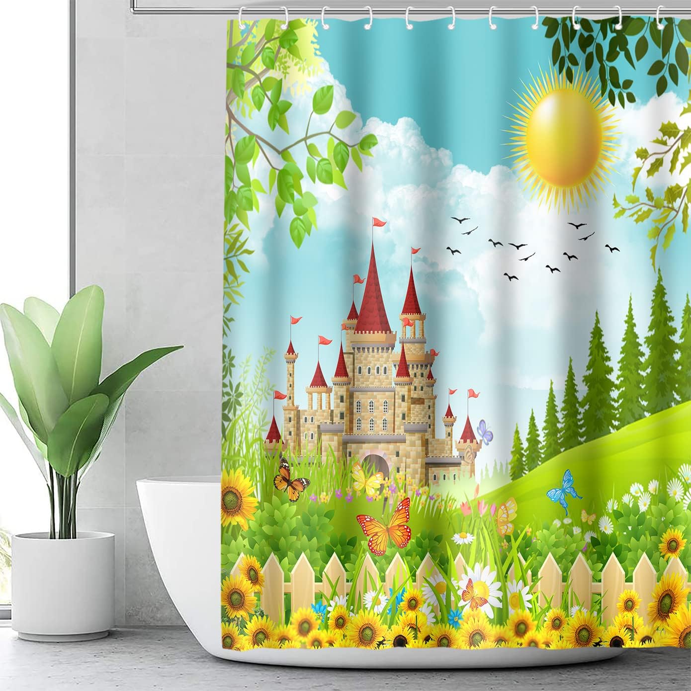 Spring Garden Castle Sunflower Shower Curtain, Butterfly Flower Bath Curtain