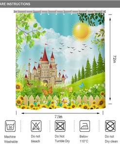 Spring Garden Castle Sunflower Shower Curtain, Butterfly Flower Bath Curtain