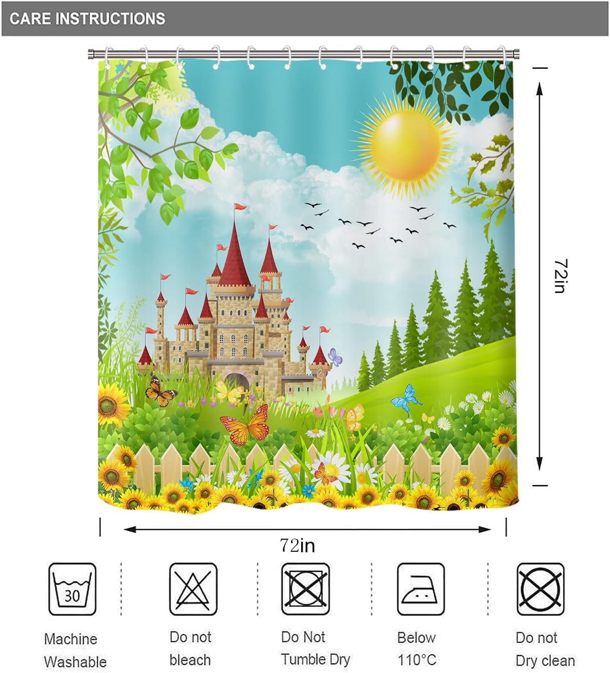 Spring Garden Castle Sunflower Shower Curtain, Butterfly Flower Bath Curtain