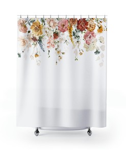 Spring Garden Shower Curtain With Red, Pink, And Yellow Florals, Rustic And Modern Bathroom Decor