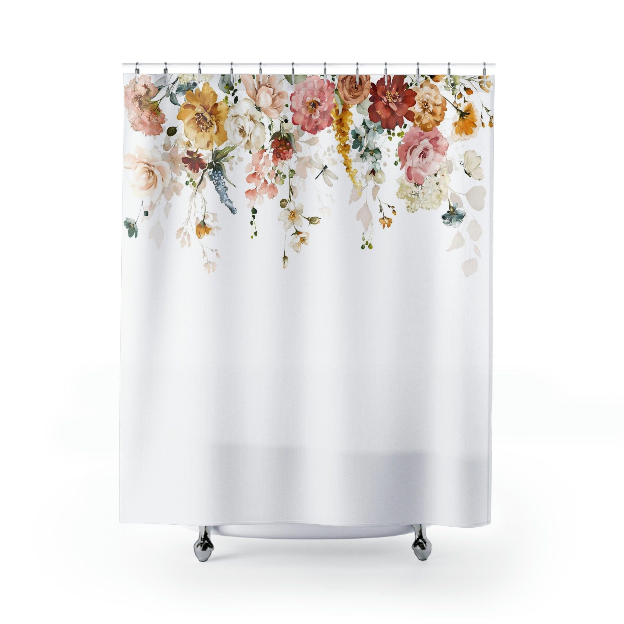 Spring Garden Shower Curtain With Red, Pink, And Yellow Florals, Rustic And Modern Bathroom Decor