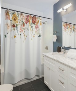 Spring Garden Shower Curtain With Red, Pink, And Yellow Florals, Rustic And Modern Bathroom Decor