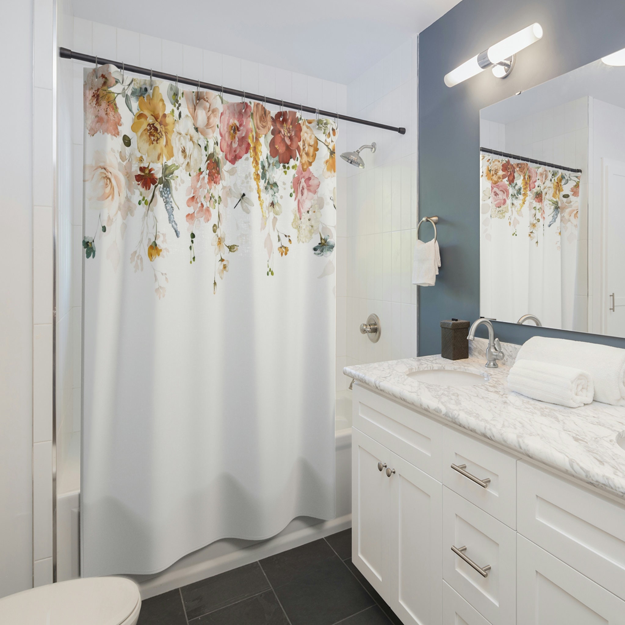 Spring Garden Shower Curtain With Red, Pink, And Yellow Florals, Rustic And Modern Bathroom Decor