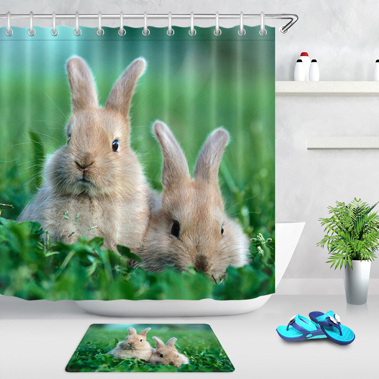 Spring Green Grass Easter Rabbits Shower Curtain For Bathroom Decor