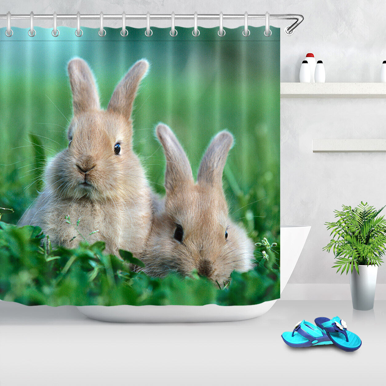 Spring Green Grass Easter Rabbits Shower Curtain For Bathroom Decor