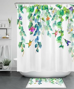 Spring Green Leaves Flower Hummingbird Shower Curtain for Bathroom 