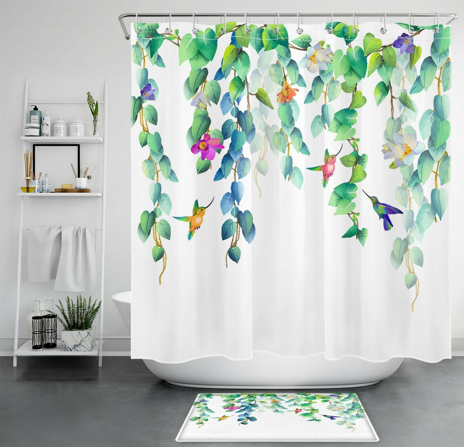 Spring Green Leaves Flower Hummingbird Shower Curtain for Bathroom