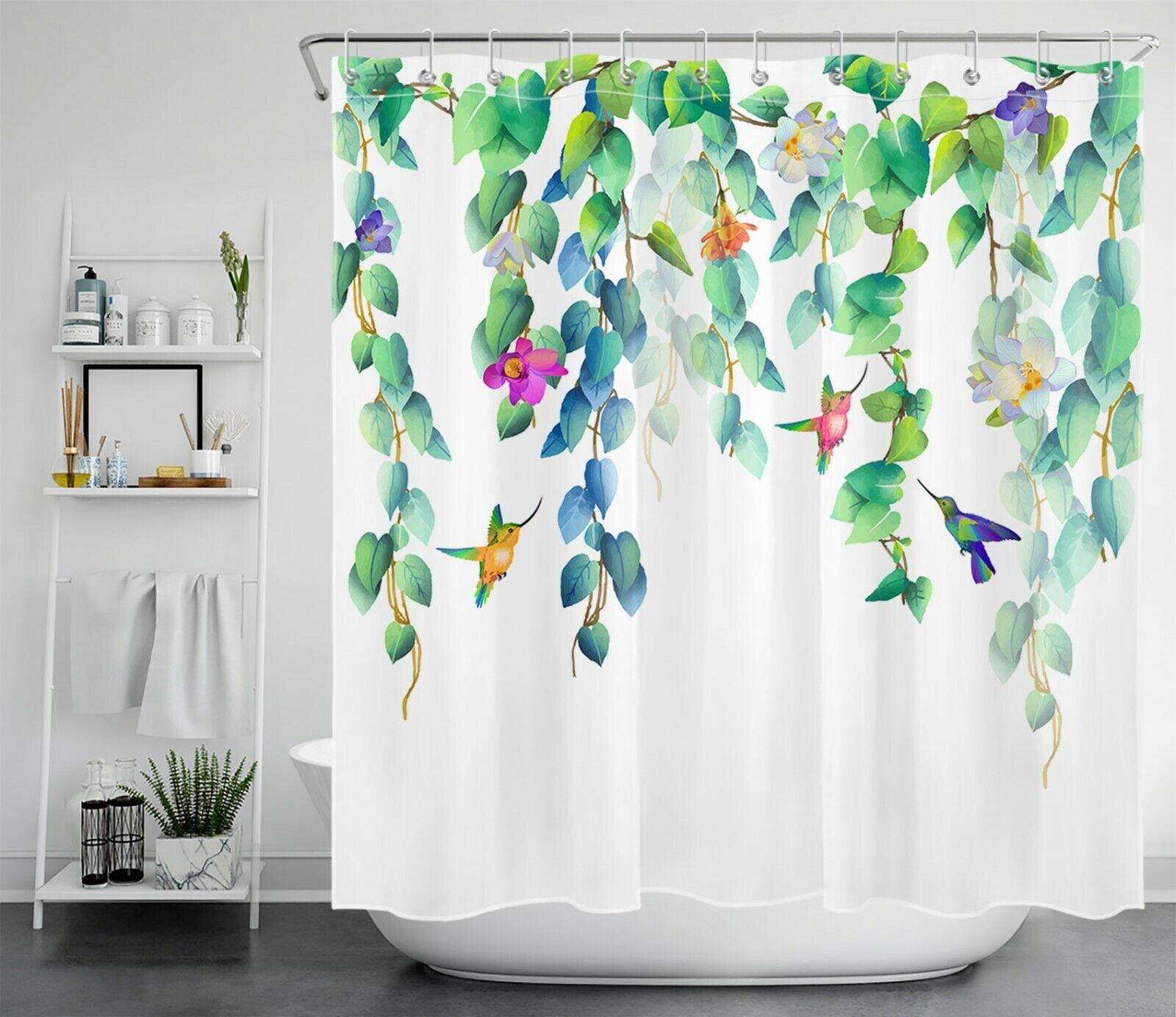 Spring Green Leaves Flower Hummingbird Shower Curtain for Bathroom