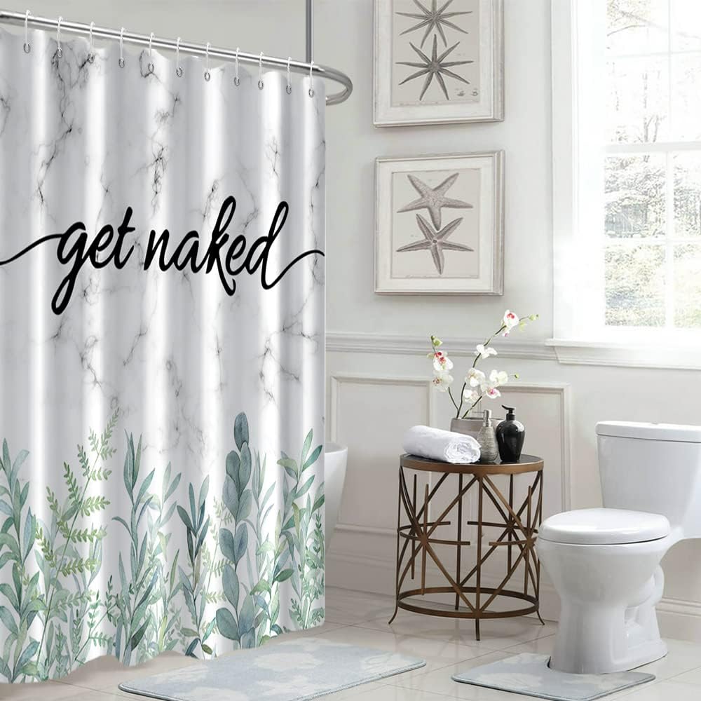 Spring Green Leaves Marble Eucalyptus Shower Curtain For Fresh Bathroom Decor
