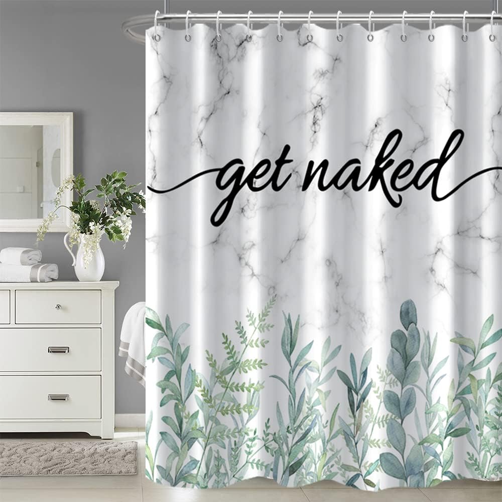 Spring Green Leaves Marble Eucalyptus Shower Curtain For Fresh Bathroom Decor