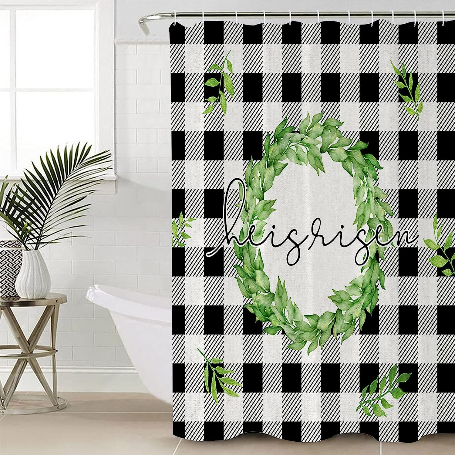 Spring Leaf He Is Risen Buffalo Plaid Easter Shower Curtain With Waterproof Material For Home Bathtub Decor
