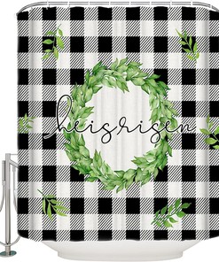 Spring Leaf He Is Risen Buffalo Plaid Easter Shower Curtain With Waterproof Material For Home Bathtub Decor
