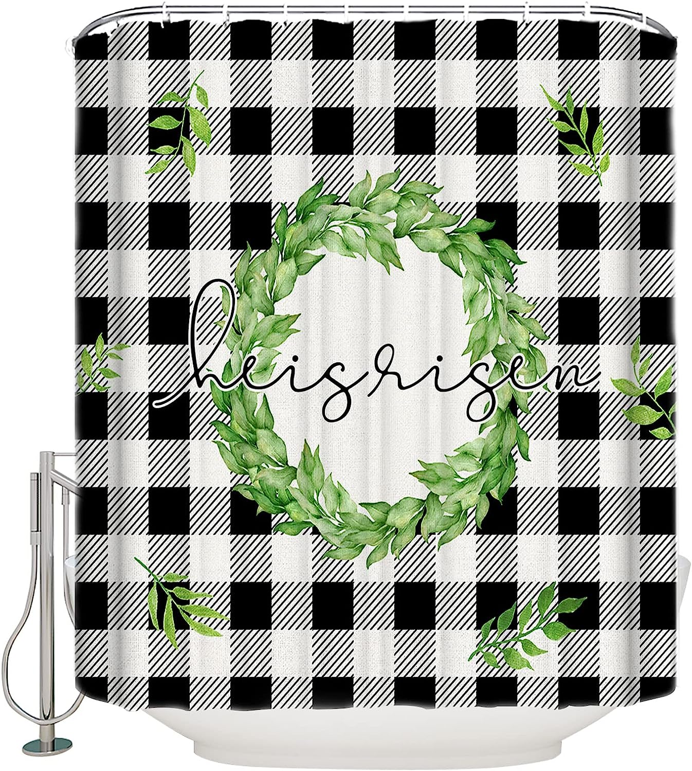 Spring Leaf He Is Risen Buffalo Plaid Easter Shower Curtain With Waterproof Material For Home Bathtub Decor