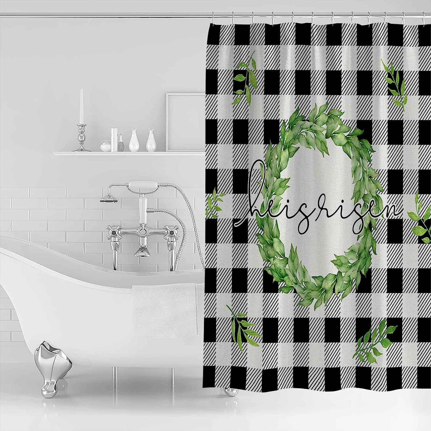 Spring Leaf He Is Risen Buffalo Plaid Easter Shower Curtain With Waterproof Material For Home Bathtub Decor