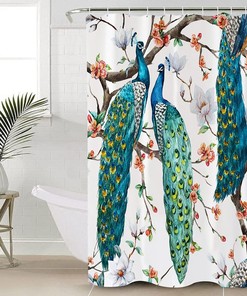 Spring Peacock Standing on Tree Branch Shower Curtain - Nature Inspired Bathroom Decor