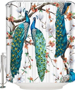 Spring Peacock Standing on Tree Branch Shower Curtain - Nature Inspired Bathroom Decor