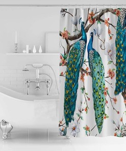 Spring Peacock Standing on Tree Branch Shower Curtain - Nature Inspired Bathroom Decor