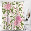 Spring Peony Flower Print Shower Curtain, Green Leaf Waterproof Bath Curtain