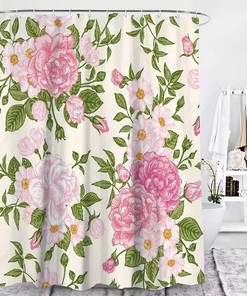 Spring Peony Flower Print Shower Curtain, Green Leaf Waterproof Bath Curtain