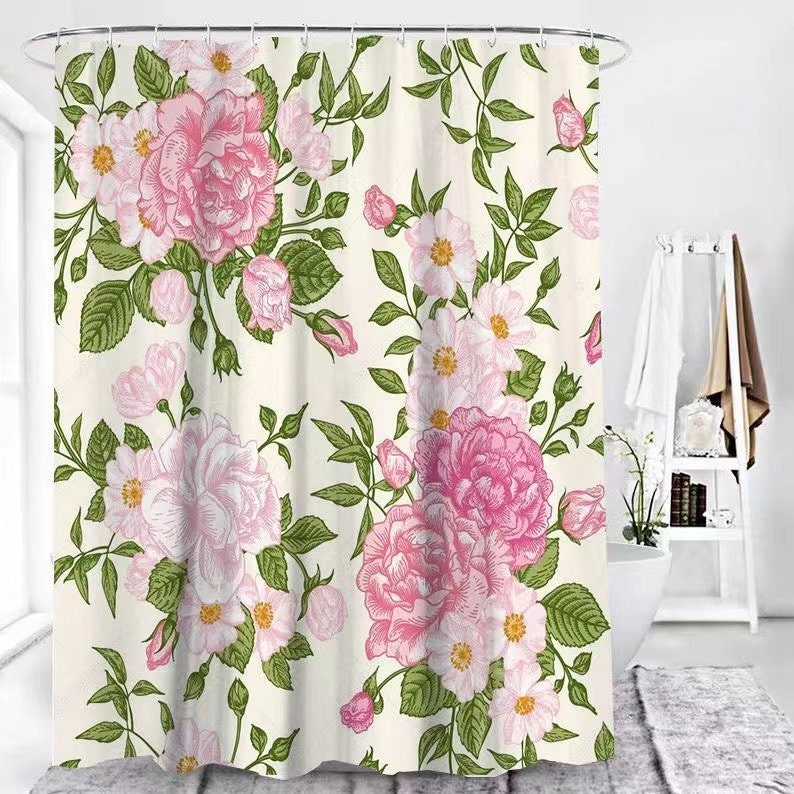 Spring Peony Flower Print Shower Curtain, Green Leaf Waterproof Bath Curtain