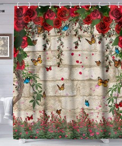 Spring Red Rose Butterfly Floral Shower Curtain for Bathroom Stall Decor 