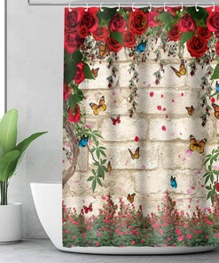 Spring Red Rose Butterfly Floral Shower Curtain for Bathroom Stall Decor