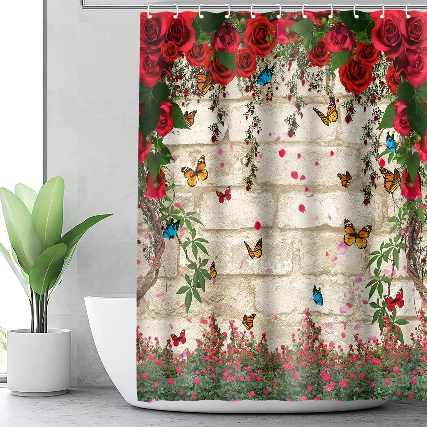 Spring Red Rose Butterfly Floral Shower Curtain for Bathroom Stall Decor