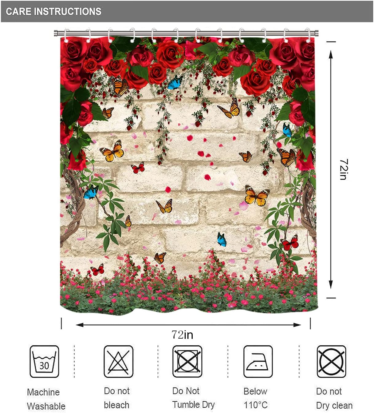 Spring Red Rose Butterfly Floral Shower Curtain for Bathroom Stall Decor