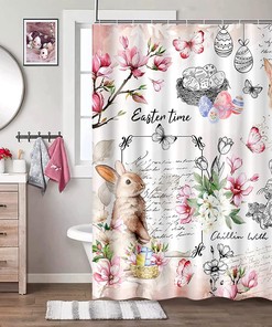 Spring Shower Curtain For Bathroom With Cute Bunny And Butterflies And Curtain Full Size