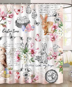 Spring Shower Curtain For Bathroom With Cute Bunny And Butterflies And Curtain Full Size