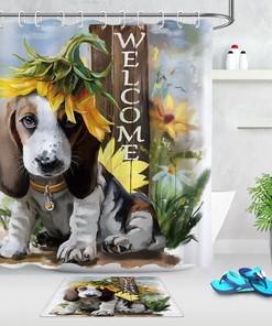 Spring Sunflower Dog Shower Curtain - Waterproof Bathroom Decor