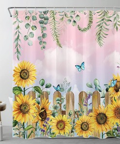 Spring Sunflower and Butterfly on Pink Sky Backdrop Shower Curtain for Bathroom
