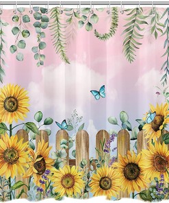 Spring Sunflower and Butterfly on Pink Sky Backdrop Shower Curtain for Bathroom