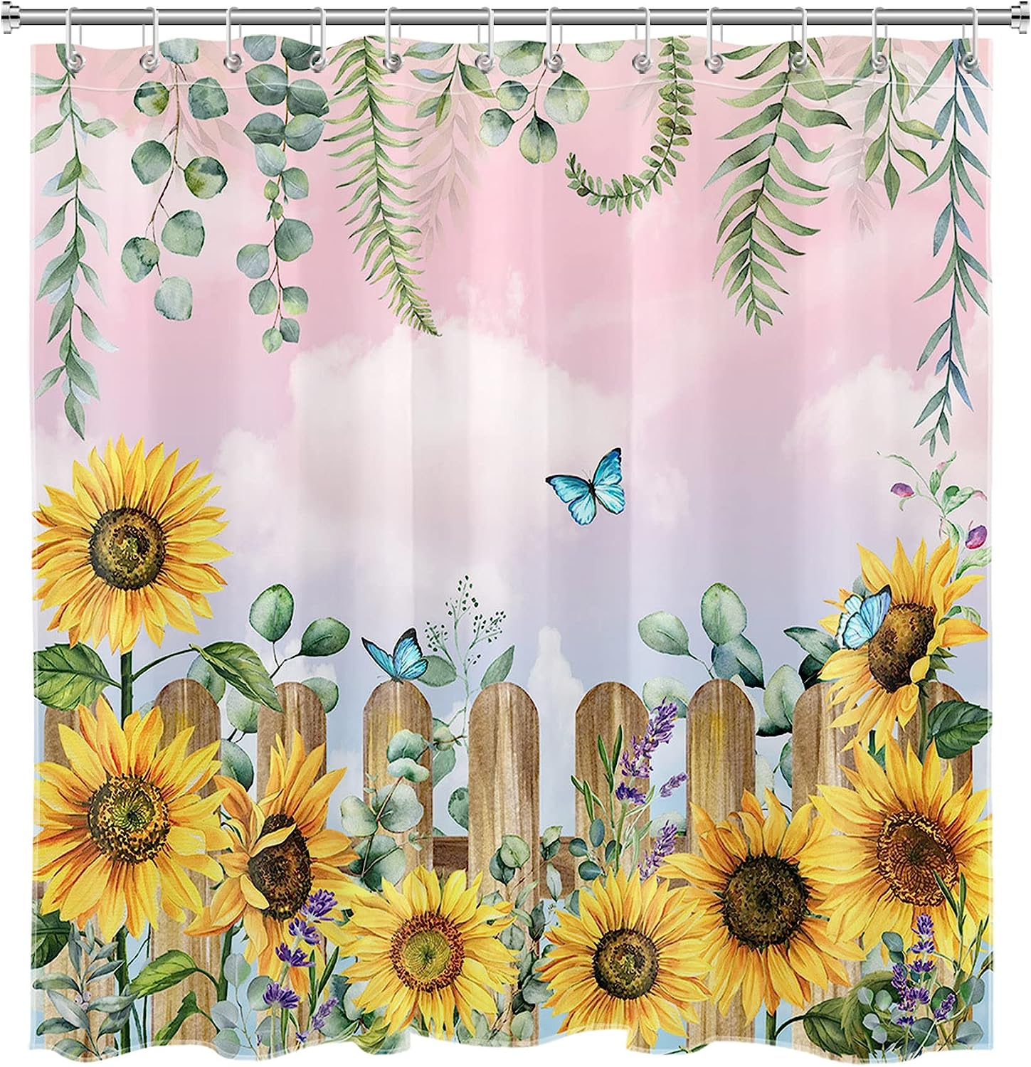 Spring Sunflower and Butterfly on Pink Sky Backdrop Shower Curtain for Bathroom
