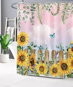 Spring Sunflower and Butterfly on Pink Sky Backdrop Shower Curtain for Bathroom