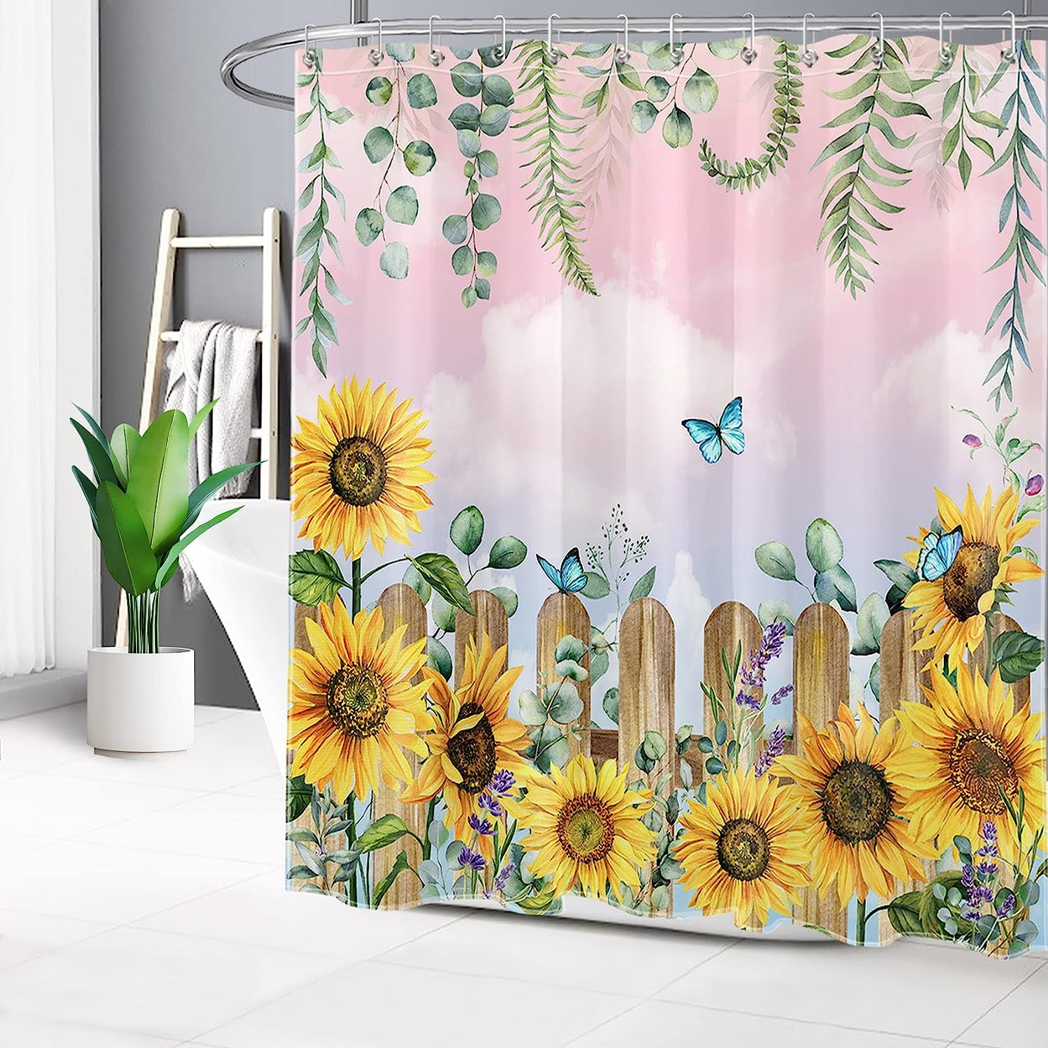 Spring Sunflower and Butterfly on Pink Sky Backdrop Shower Curtain for Bathroom