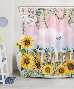 Spring Sunflower and Butterfly on Pink Sky Backdrop Shower Curtain for Bathroom