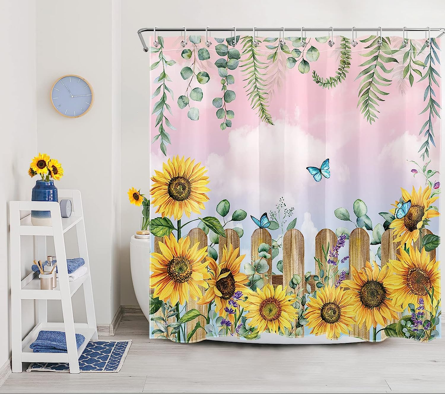 Spring Sunflower and Butterfly on Pink Sky Backdrop Shower Curtain for Bathroom