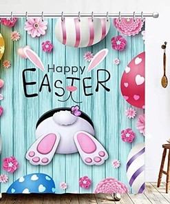 Spring Themed Bunny Happy Easter Bathroom Shower Curtain - Waterproof And Fun