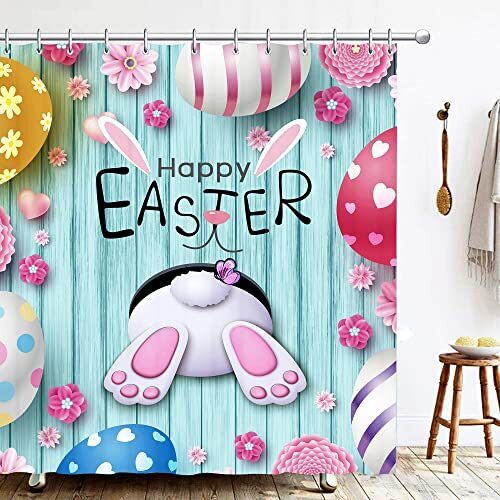 Spring Themed Bunny Happy Easter Bathroom Shower Curtain - Waterproof And Fun