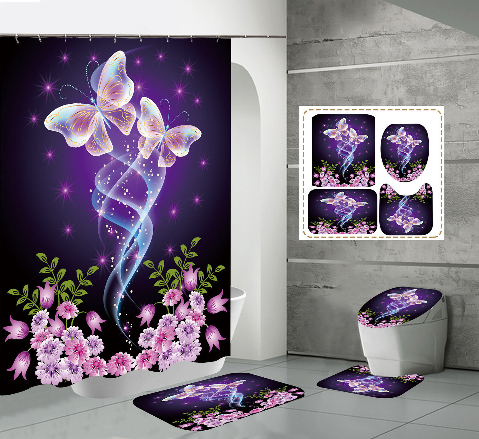 Spring Vibes Butterfly Flower Print Shower Curtain For Refreshing Bathroom Decor