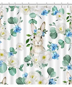 Spring Watercolor Floral Rabbit Print Shower Curtain for Easter Bunny Shower Curtain