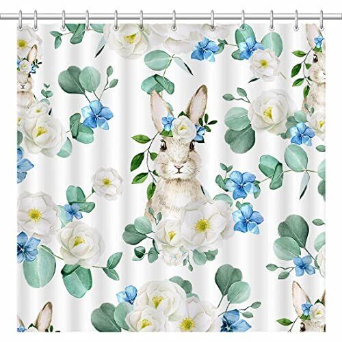 Spring Watercolor Floral Rabbit Print Shower Curtain for Easter Bunny Shower Curtain