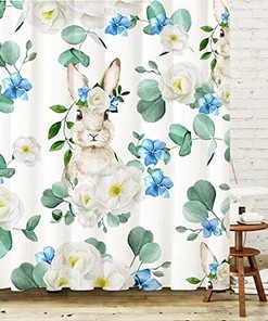 Spring Watercolor Floral Rabbit Print Shower Curtain for Easter Bunny Shower Curtain