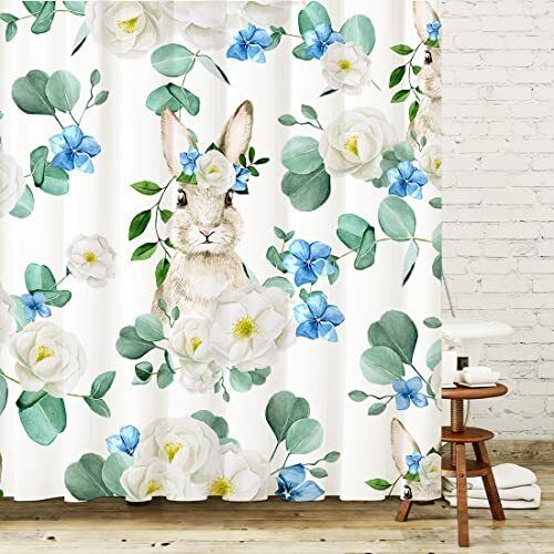 Spring Watercolor Floral Rabbit Print Shower Curtain for Easter Bunny Shower Curtain